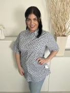 ÚJ Cotton (XL) Fekete Kék Mintás, Elől Végig Gombos Galléros, 54% Pamut Alapanyagú Felső