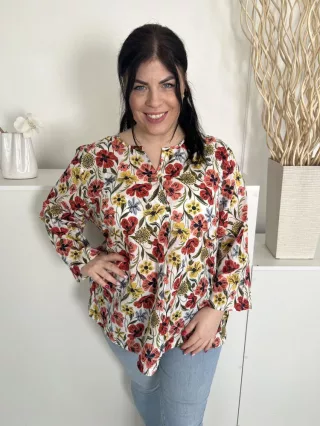   Seasalt Cronwall (XXL) Fehér Színes Virágos, 100% Pamut Mellnél Gombos, Elől Díszhajtásos Felső