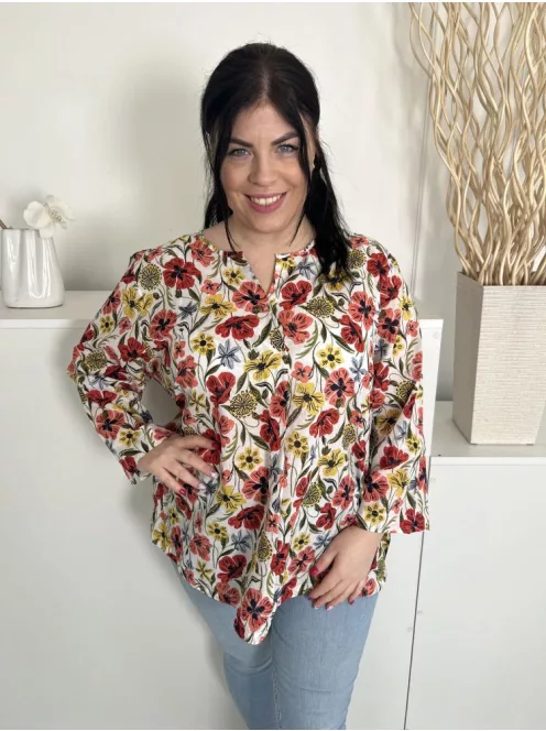 Seasalt Cronwall (XXL) Fehér Színes Virágos, 100% Pamut Mellnél Gombos, Elől Díszhajtásos Felső