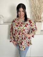 Seasalt Cronwall (XXL) Fehér Színes Virágos, 100% Pamut Mellnél Gombos, Elől Díszhajtásos Felső