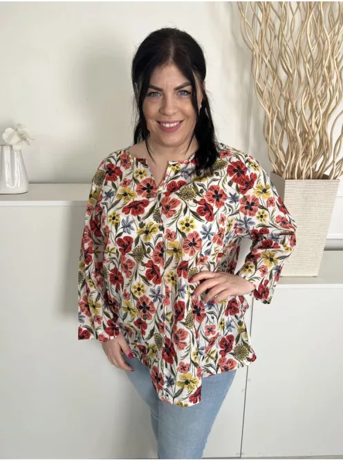 Seasalt Cronwall (XXL) Fehér Színes Virágos, 100% Pamut Mellnél Gombos, Elől Díszhajtásos Felső