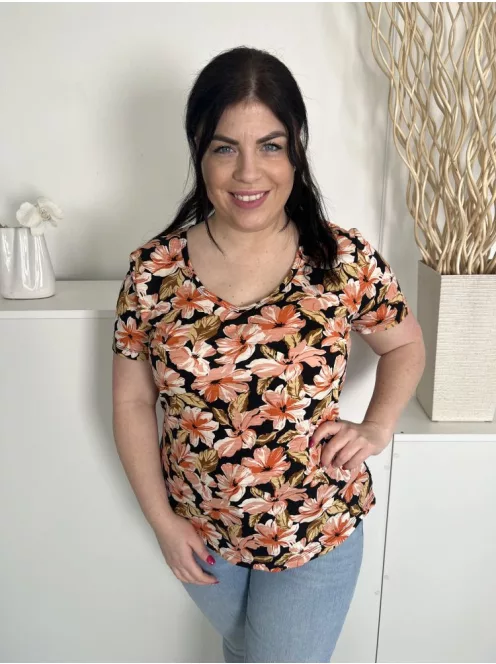 Nutmeg (L) Fekete Virágos, Kerek Nyakú 50% Pamut Alapanyagú Felső