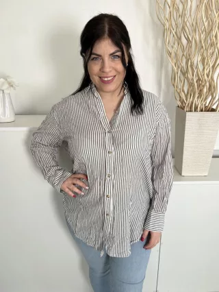   M&S (M) Fehér Khaki Csíkos, Elől Végig Gombos Galléros, 100% Pamut Felső