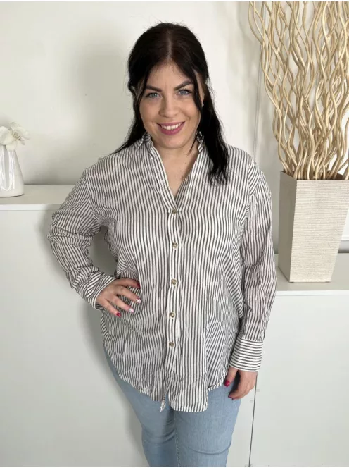 M&S (M) Fehér Khaki Csíkos, Elől Végig Gombos Galléros, 100% Pamut Felső