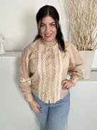 River Island (M) Világos Barna Fehér Horgoltmintás, Elől Végig Gombos Galléros, 41% Pamut Alapanyagú Felső