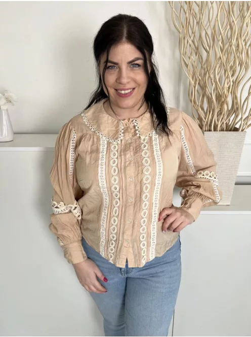 River Island (M) Világos Barna Fehér Horgoltmintás, Elől Végig Gombos Galléros, 41% Pamut Alapanyagú Felső