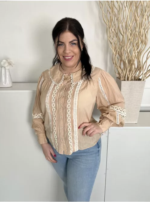 River Island (M) Világos Barna Fehér Horgoltmintás, Elől Végig Gombos Galléros, 41% Pamut Alapanyagú Felső