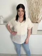 F&F (L) Drapp Anyagában Mintás, Fodros Szegélyű Áttetsző, Bélés Nélküli Felső