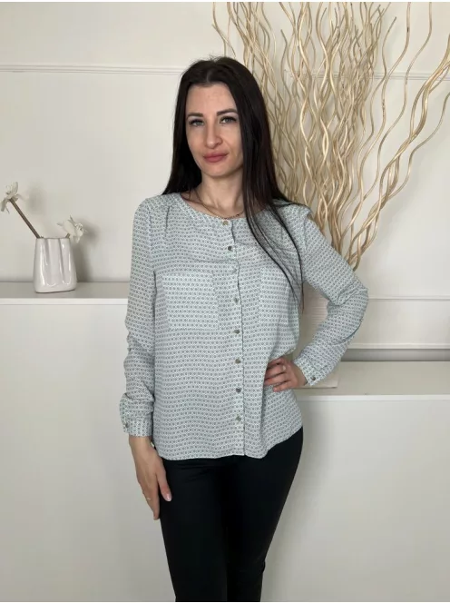 TU (M) Fehér Vízkék Mintás, Elől Végig Gombos Mellnél Zsebes, Felgombolható Ujjvégű Felső