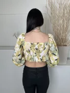 Shein (S) Sárga-Zöld Mintás, Hátul Darázsolt Elől Megkötős, Buggyos Ujjú Felső
