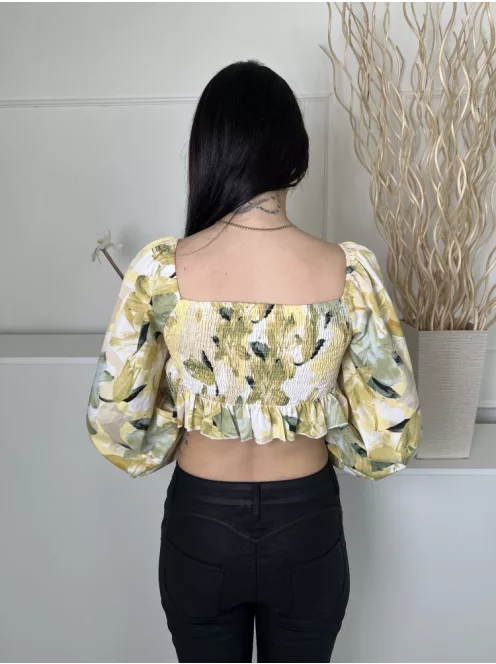 Shein (S) Sárga-Zöld Mintás, Hátul Darázsolt Elől Megkötős, Buggyos Ujjú Felső