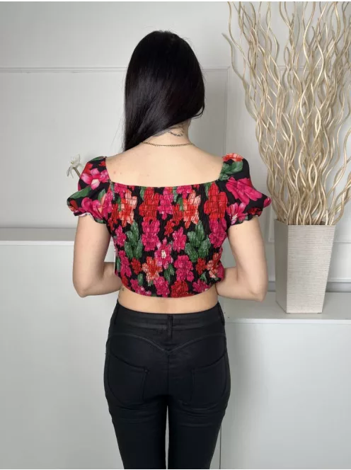 Boohoo (M) Fekete Piros Virágos, Mellnél Összehúzható Hátul Darázsolt, Rövid Fazonú Felső