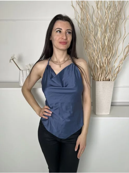 River Island (XS) Borongóskék Elől Ejtett Nyakú Hátul Díszkarikás, Fényes Anyagú Felső