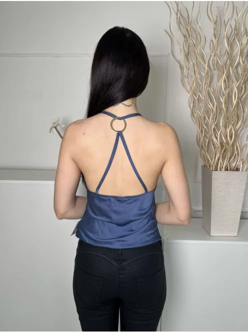 River Island (XS) Borongóskék Elől Ejtett Nyakú Hátul Díszkarikás, Fényes Anyagú Felső