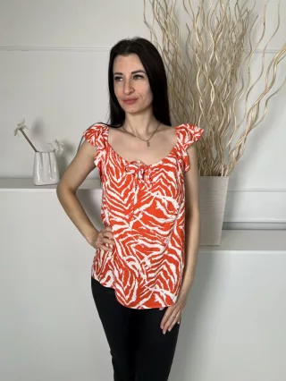   TU (M) Narancs Fehér Mintás, Fodros Vállú Mellnél Összehúzható, Megkötős Felső