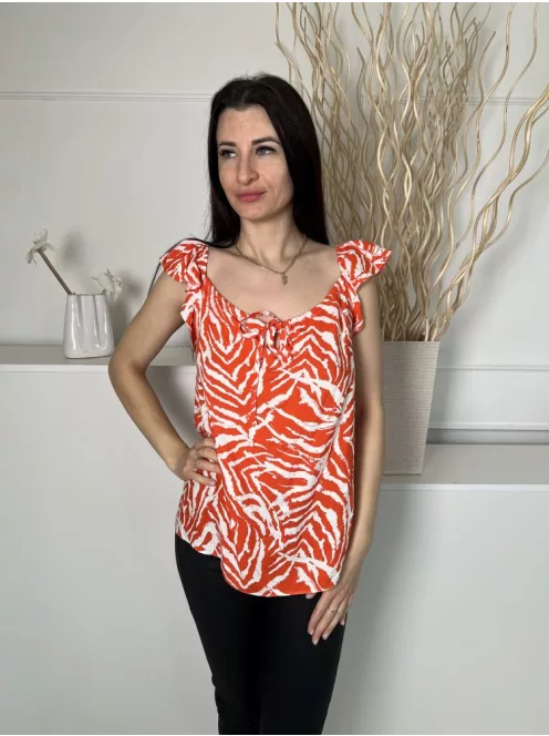 TU (M) Narancs Fehér Mintás, Fodros Vállú Mellnél Összehúzható, Megkötős Felső