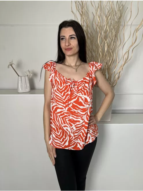 TU (M) Narancs Fehér Mintás, Fodros Vállú Mellnél Összehúzható, Megkötős Felső