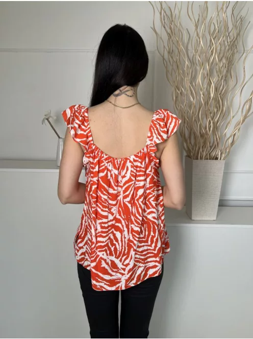 TU (M) Narancs Fehér Mintás, Fodros Vállú Mellnél Összehúzható, Megkötős Felső