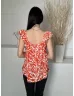   TU (M) Narancs Fehér Mintás, Fodros Vállú Mellnél Összehúzható, Megkötős Felső