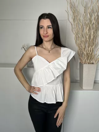   Romwe (S) Fehér Hátul Cipzáros, 65% Pamut Alapanyagú Fodros Szegélyű Felső