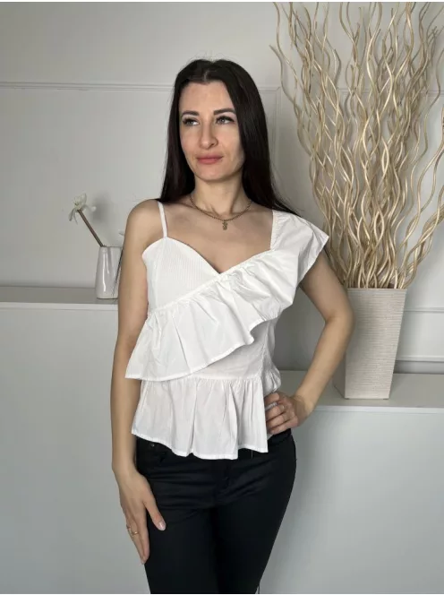Romwe (S) Fehér Hátul Cipzáros, 65% Pamut Alapanyagú Fodros Szegélyű Felső