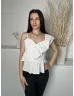   Romwe (S) Fehér Hátul Cipzáros, 65% Pamut Alapanyagú Fodros Szegélyű Felső