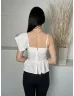   Romwe (S) Fehér Hátul Cipzáros, 65% Pamut Alapanyagú Fodros Szegélyű Felső