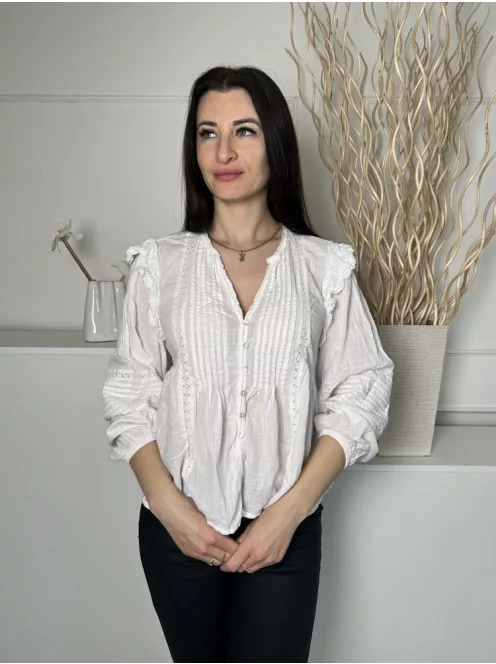 Primark (S) Fehér Elől Végig Gombos, Fodros Vállú 100% Pamut, Mellnél Díszhajtásos Felső