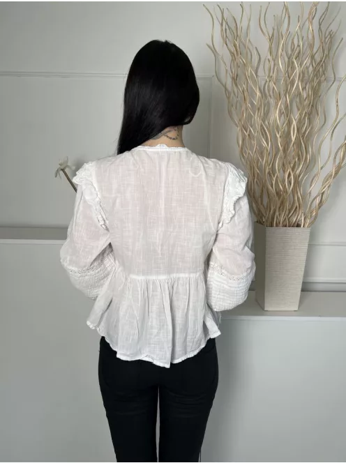 Primark (S) Fehér Elől Végig Gombos, Fodros Vállú 100% Pamut, Mellnél Díszhajtásos Felső