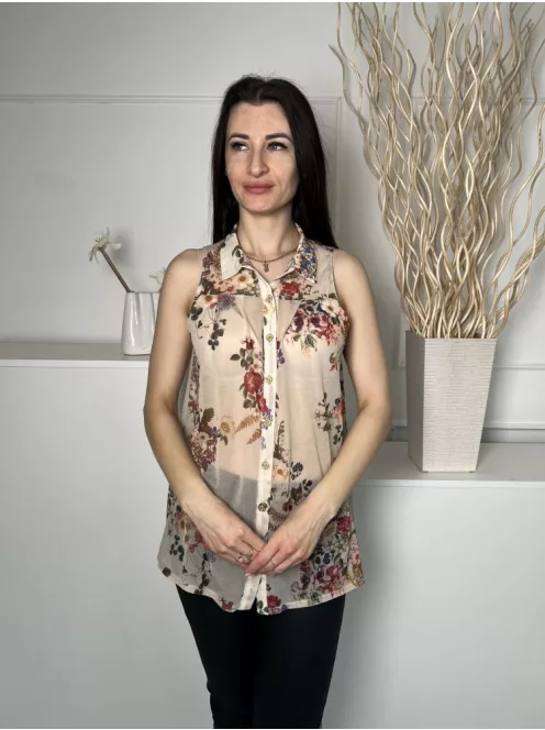 River Island (S) Homokszínű Színes Virágos, Elől Végig Gombos Galléros, Áttetsző Felső