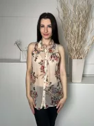 River Island (S) Homokszínű Színes Virágos, Elől Végig Gombos Galléros, Áttetsző Felső
