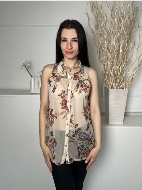 River Island (S) Homokszínű Színes Virágos, Elől Végig Gombos Galléros, Áttetsző Felső