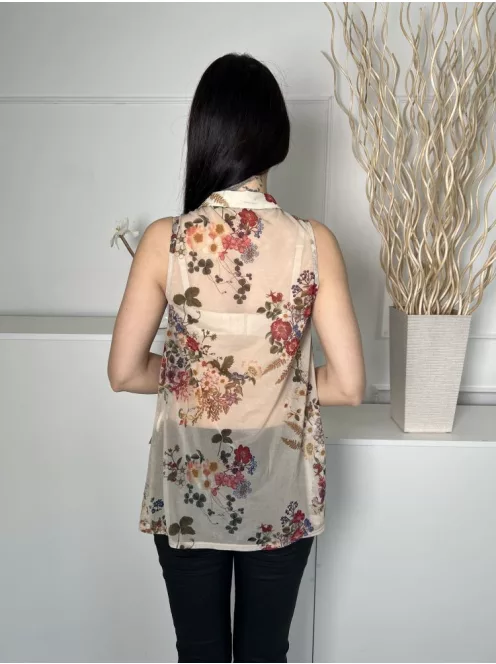 River Island (S) Homokszínű Színes Virágos, Elől Végig Gombos Galléros, Áttetsző Felső