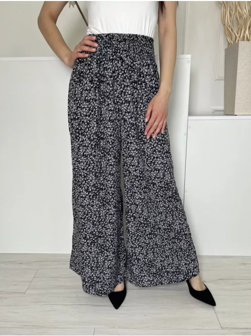 Shein (M) Fekete Apró Fehér Virágos, Derékban Darázsolt Bőszárú Nadrág