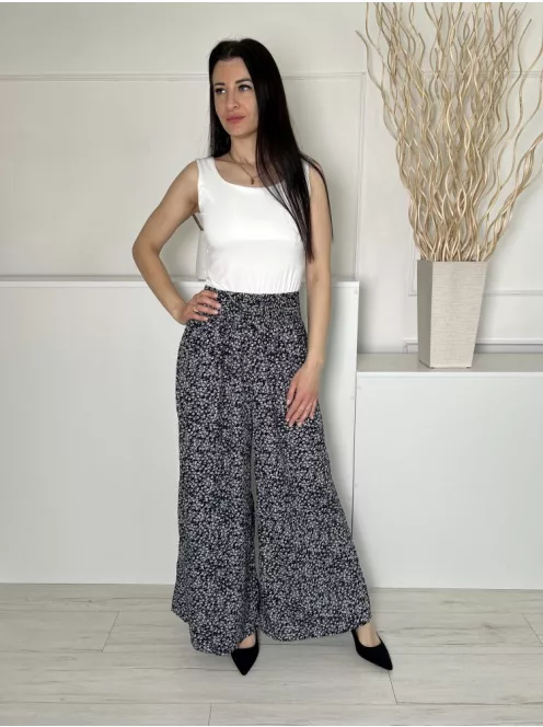 Shein (M) Fekete Apró Fehér Virágos, Derékban Darázsolt Bőszárú Nadrág