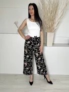 New Look (M) Fekete Színes Virágos, Hátul Gumisderekú Derékban Megkötős, Bőszárú Nadrág