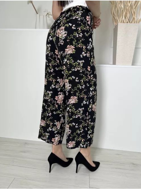 New Look (M) Fekete Színes Virágos, Hátul Gumisderekú Derékban Megkötős, Bőszárú Nadrág