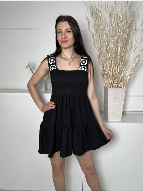 TopShop (XS) Fekete Pántja Horgoltmintás Fodros Aljú Ruha