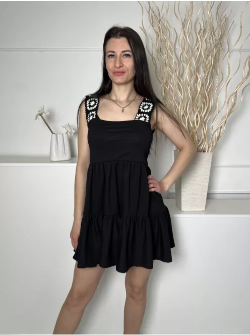 TopShop (XS) Fekete Pántja Horgoltmintás Fodros Aljú Ruha