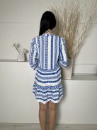 Boohoo (S) Fehér Kék Mintás, Tölcsér Ujjú V Kivágású, Fodros Aljú Ruha