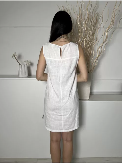 Next (M) Fehér 55% Len Alapanyagú, Elől Horgoltmintás Hátul Nyakban Gombos, Zsebes Ruha