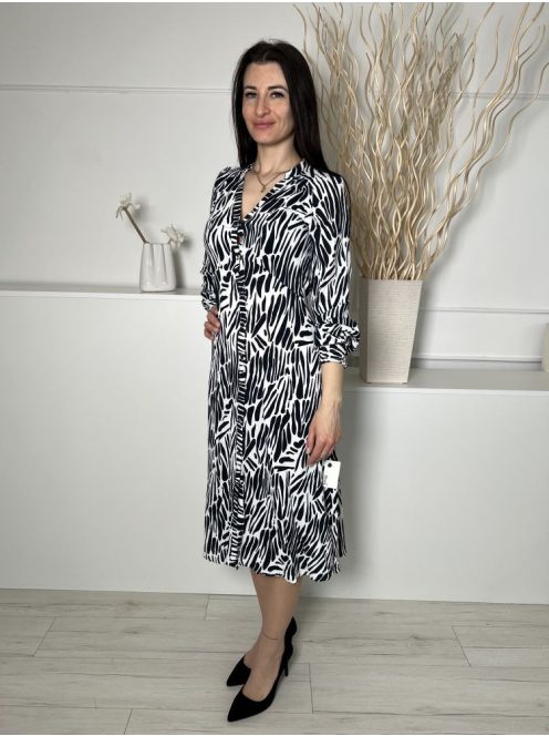 Next (S) Fehér Fekete Mintás, Elől Végig Gombos Draázsolt Ujjvégű Ruha