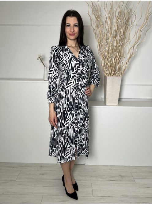 Next (S) Fehér Fekete Mintás, Elől Végig Gombos Draázsolt Ujjvégű Ruha