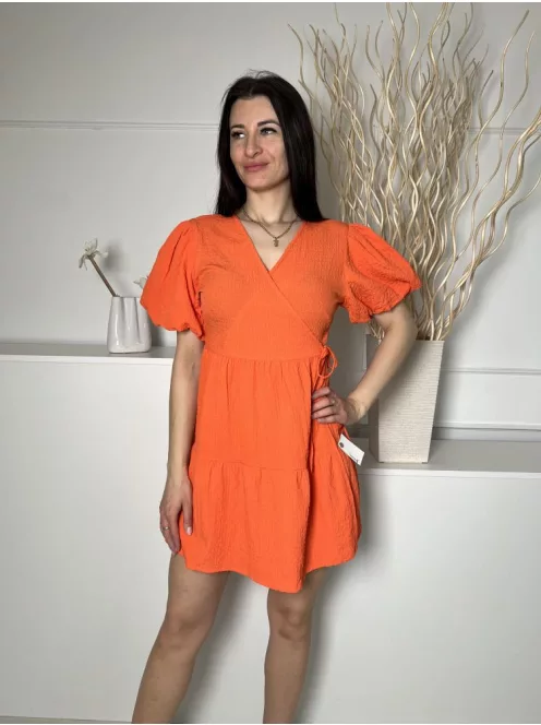 New Look (M) Narancs Átlapolt, Oldalt Megkötős Anyagában Mintás, Buggyos Ujjú Ruha