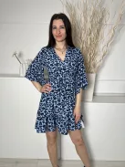 Qed London (M) Kék Fekete Foltmintás, Hátul Cipzáros Derékban Díszkarikás, Tölcsér Ujjú Ruha