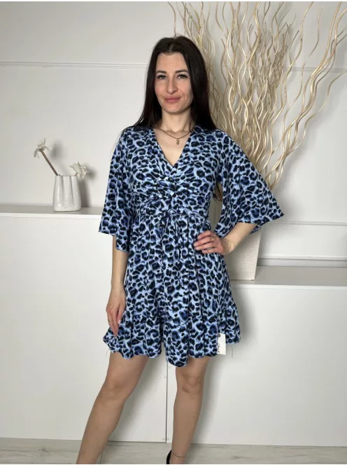 Qed London (M) Kék Fekete Foltmintás, Hátul Cipzáros Derékban Díszkarikás, Tölcsér Ujjú Ruha