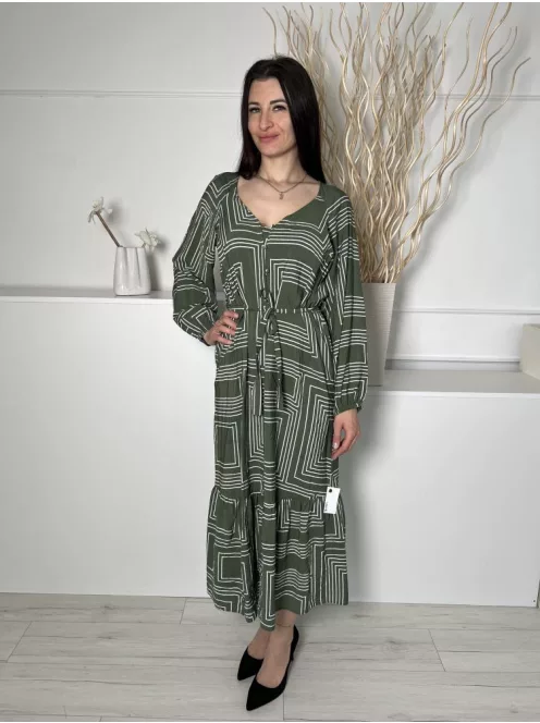 New Look (M) Zöld Fehér Mintás, Elől Végig Gombos Fodros Aljú, Derékban Megkötős Ruha