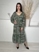 New Look (M) Zöld Fehér Mintás, Elől Végig Gombos Fodros Aljú, Derékban Megkötős Ruha