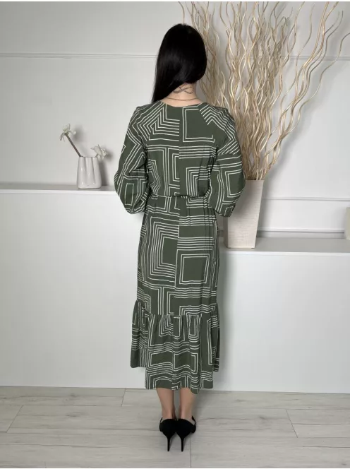 New Look (M) Zöld Fehér Mintás, Elől Végig Gombos Fodros Aljú, Derékban Megkötős Ruha