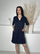 ÚJ White Stuff (M) Sötétkék 100% Len Alapanyagú Elől Díszhajtásos, V Kivágású Ruha